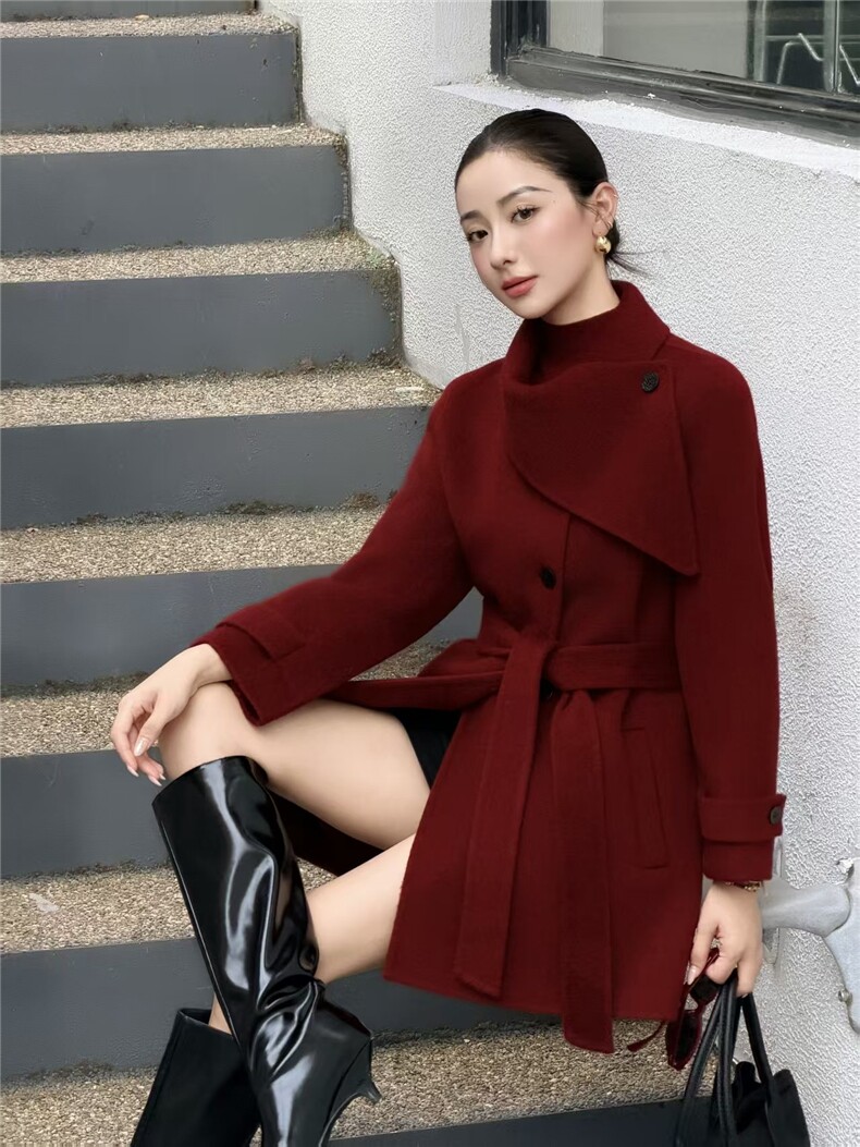 2026年韩系气质围巾领斜襟2026年秋冬新款宽松短款女羊毛大衣外套,女装双面呢大衣,天品羊绒工厂