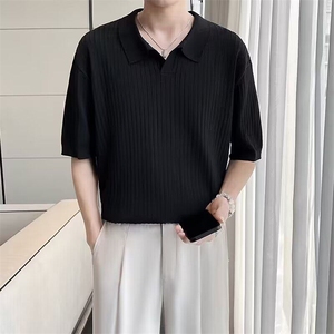 夏季条纹短袖polo衫男韩版修身翻领纯色休闲薄款T恤图片
