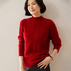 软糯亲肤半高领山羊绒衫女套头加厚毛衣绞花宽松针织打底衫上衣，女装羊绒衫，绒创羊绒