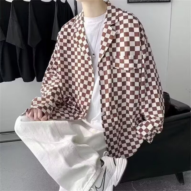 棋盘格小众大码衬衫男潮牌2025秋季胖子男士长袖格子衬衣外套衣服图片