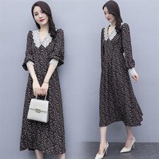2021春季新款简约时尚气质V领拼接蕾丝中长款碎花收腰连衣裙，女装连衣裙，瑶迪依秀