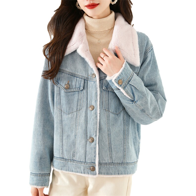 现货2023冬季加绒加厚皮毛一体牛仔派克服女宽松大口袋撞色棉衣,女装派克服,梦懿尔