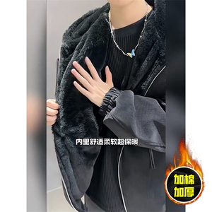 现货高品质美式高街重磅座山雕连帽pu皮棉衣男女加厚毛毛绒冬外套图片