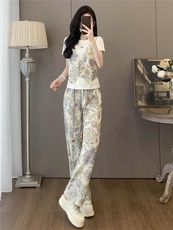 设计感时尚气质简约套装女夏圆领印花马甲假两件套阔腿长裤两件套，女装套装/套裙，江南