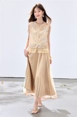 夏季新款现货！2026新中式重工洋气百搭款马甲+百褶半裙两件套女，女装套装/套裙，宝儿家