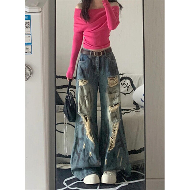 复古牛仔裤女新款破洞夏季款设计感小众宽松显瘦阔腿裤子 NA424图片