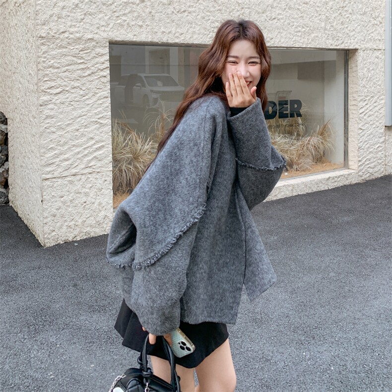 灰色小香风双面呢羊绒大衣女秋冬短款小个子气质斗篷羊毛外套新款,女装羊绒大衣,2C198