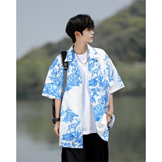 8XL-M天丝亚麻清爽晕染古巴领短袖衬衫男半截袖冰丝衬衣CS525P58，男装T恤，电商D206-1