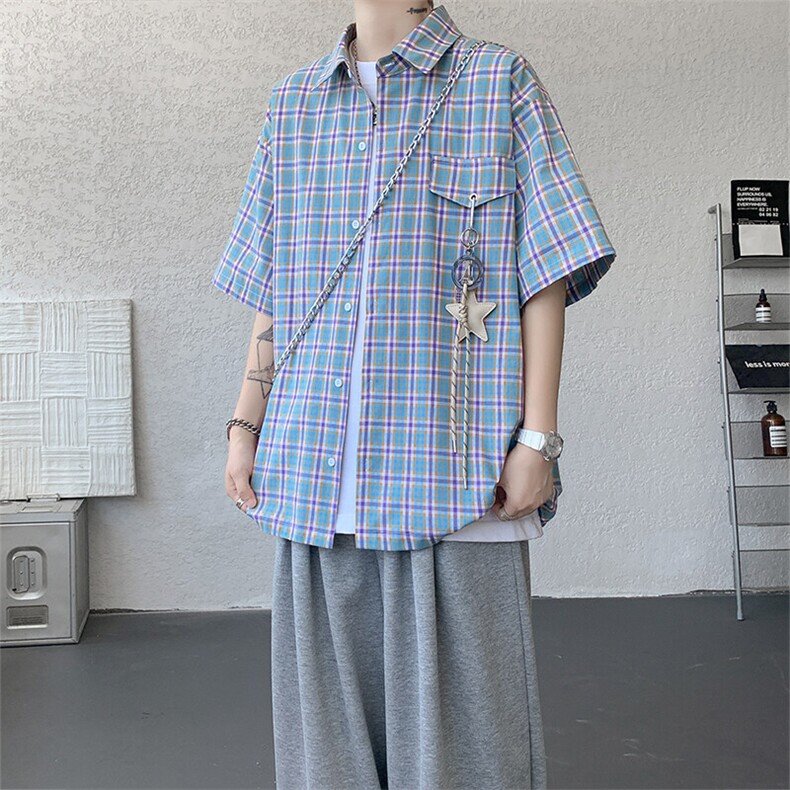 CS1151-特批40控78夏季新款男女格子短袖大码男衬衫（带配件）,男装T恤,电商A059
