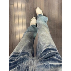 浅蓝色闪电纹微喇牛仔裤男款美式高街弯刀裤子提裆阔腿直筒裤，男装牛仔裤，星座601-1