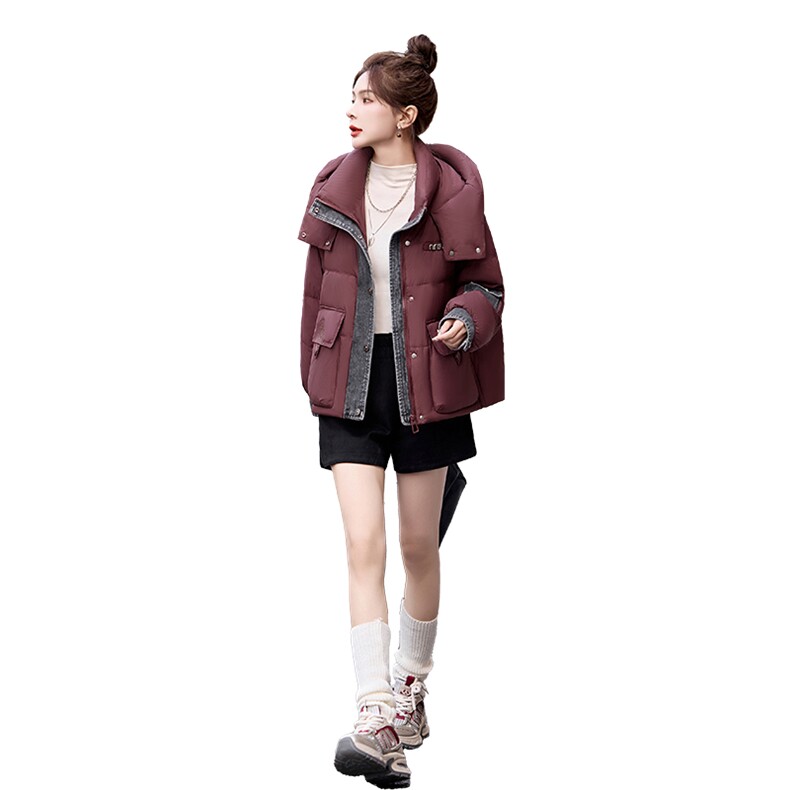 设计感牛仔拼接短款羽绒服女2024冬季新款加厚保暖白鸭绒连帽外套,女装羽绒服,自然秀