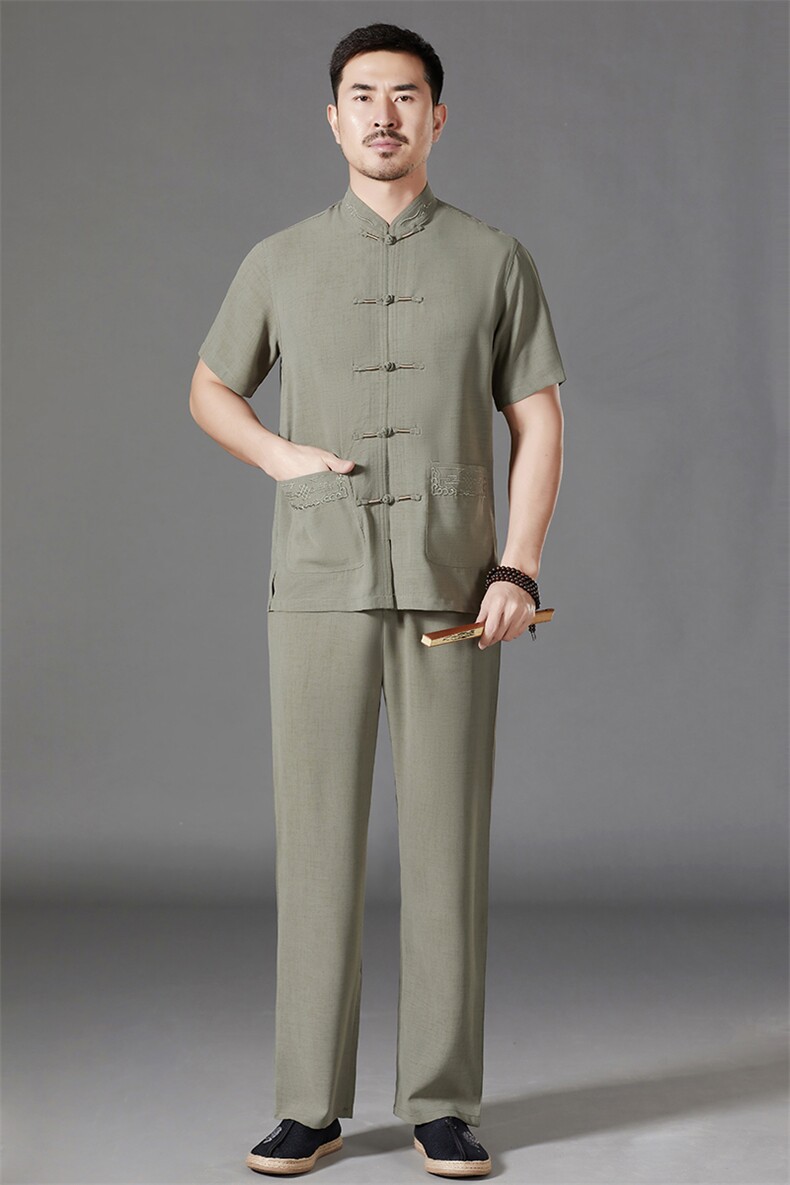中老年棉麻套装高档唐装太极服中式刺绣立领短袖风时尚男夏装,男装中老年男装,钱塘723