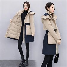 2020冬季新款时尚休闲撞色连帽系带收腰舒适保暖羽绒棉棉衣，女装棉衣/棉服，艾尚靓装