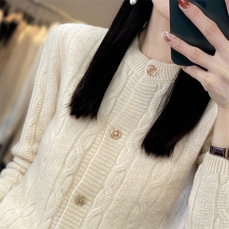 宽松型常规开衫单件长袖单排扣2025年夏季女士时尚百搭,女装羊毛衫,春贝羊绒