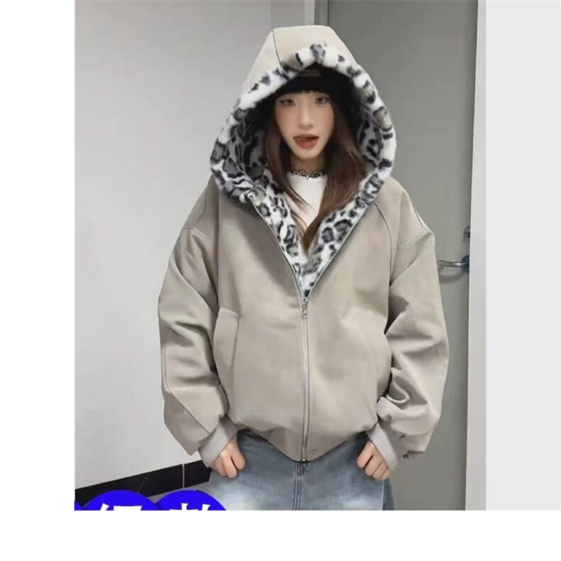 网图双面穿座山雕豹纹连帽PU皮夹克棉服冬季美式复古外套,男装夹克,电商C307