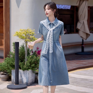 复古蕾丝披肩牛仔连衣裙女2025夏季新款气质减龄中长款连裙子女图片