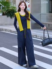 2025年秋季新款时尚潮流舒适显瘦带披肩配色三件套裤，女装套装/套裙，心心服饰