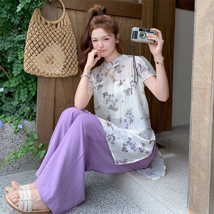 新中式国风套装女2025年夏季新款清冷感改良旗袍上衣阔腿裤两件套图片