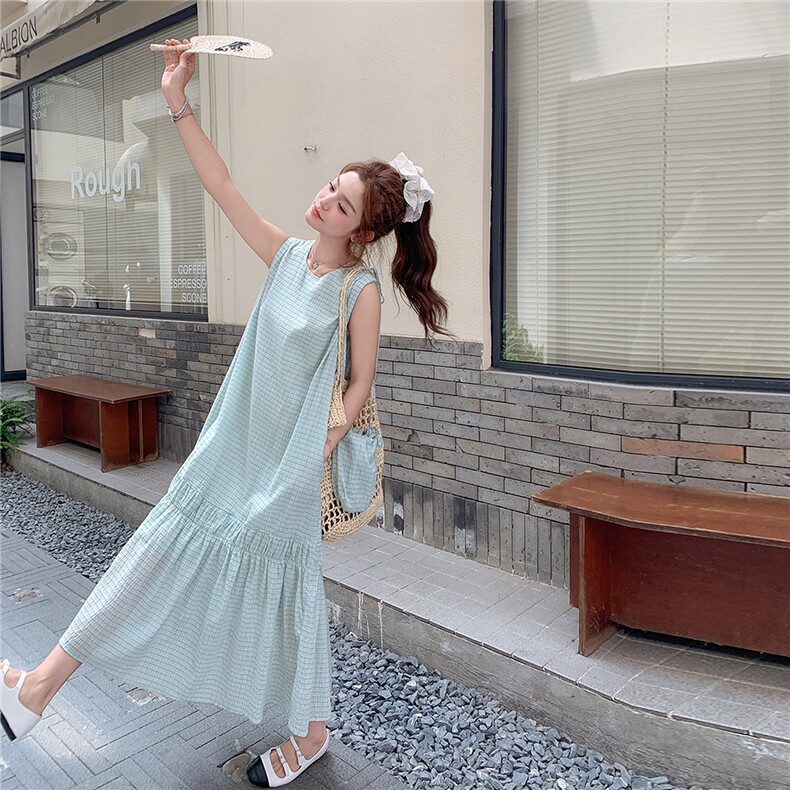 蓝色复古格子无袖背心连衣裙2025年夏季新款小个子宽松减龄A字裙,女装连衣裙,2D044