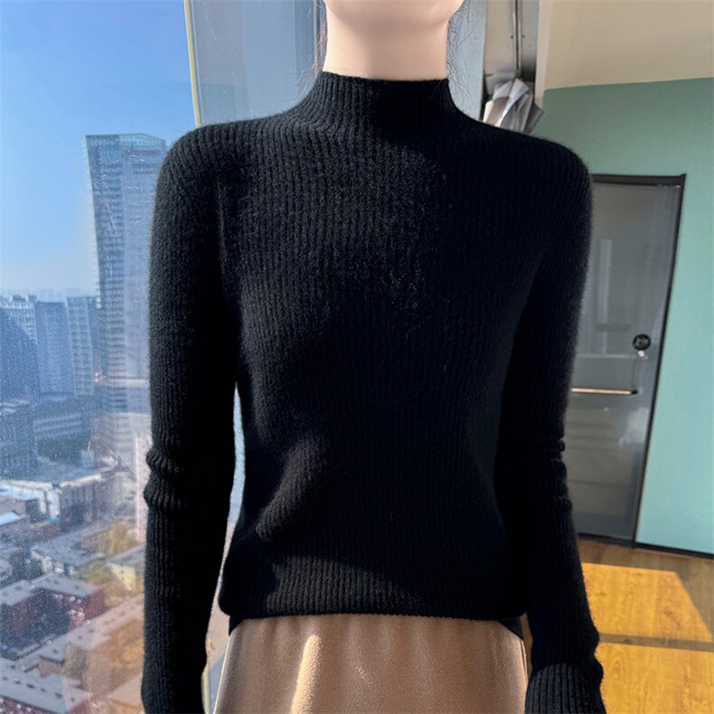 无缝一线抽条山羊绒衫软糯亲肤修身内搭女秋冬羊毛打底半高领毛衣,女装羊绒衫,牧群羊绒