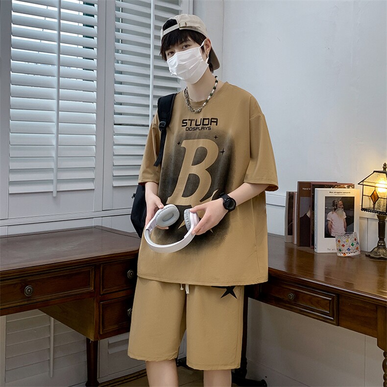 夏季短袖T恤冰丝套装港风透气凉爽宽松休闲潮流男装DF326P65控89,男装休闲套装,电商A086
