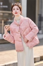 新中式guo风2025年冬季新款拼环保毛暗纹提花高级感小花扣棉衣，女装棉衣/棉服，乐吉娜