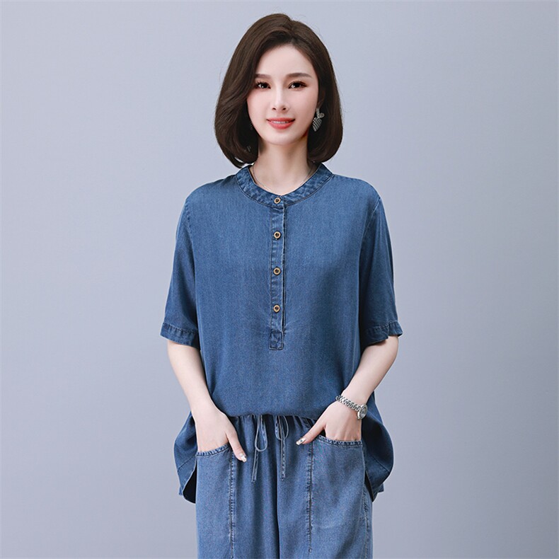 2023夏季新款时尚气质圆领显瘦休闲舒适牛仔上衣,女装衬衫,独衣靓