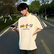 抖音得物品质二开240克宽松纯棉美式潮牌印花三条杠中性风短袖T恤，男装T恤，电商A486