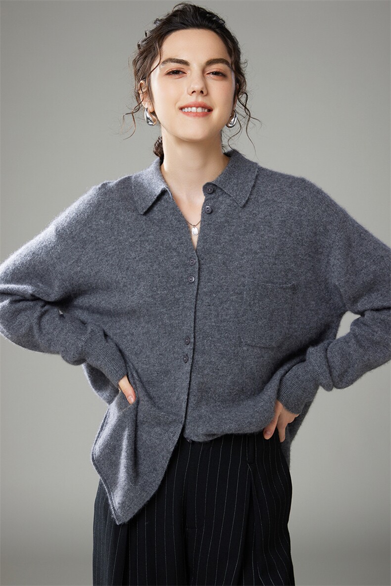 长袖纯色山羊绒2024年秋季开衫POLO领时尚35%羊绒衬衫,女装羊绒衫,萨奥羊绒