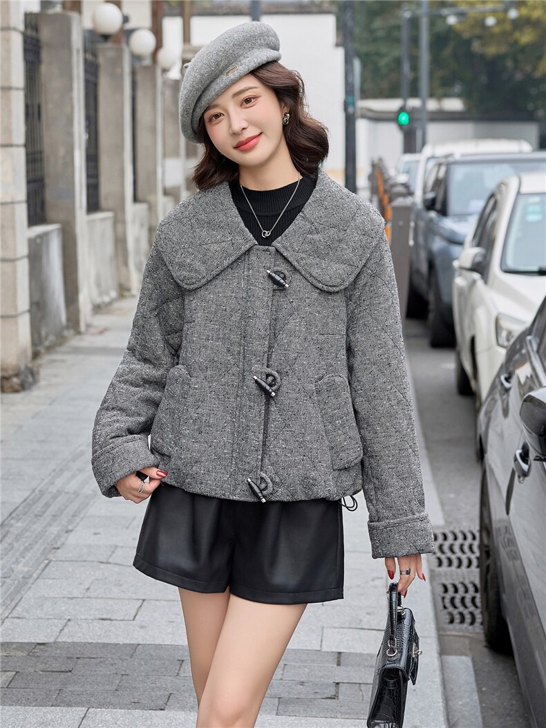 2025秋冬新款时尚大翻领毛呢夹棉外套,女装棉衣/棉服,依路服饰