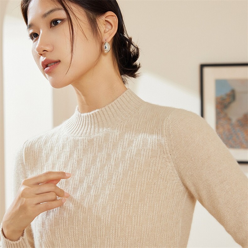 优雅女士半高领方块绞花三十岁不到通勤羊绒衫秋冬保暖时尚之选,女装羊绒衫,澳冬特羊绒