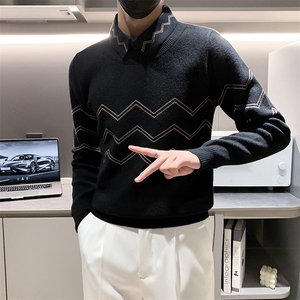 店主风小伙男士衬衫领套头假二件针织毛衣男301A-1/M61/P75控95