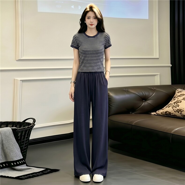 简约时尚休闲套装女夏季新款圆领条纹拼接短袖上衣直筒长裤两件套,女装套装/套裙,江南