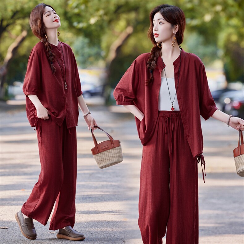 水衣源2639款棉麻风套装女夏宽松休闲衬衫阔腿裤配吊带三件套，女装套装/套裙，水衣源