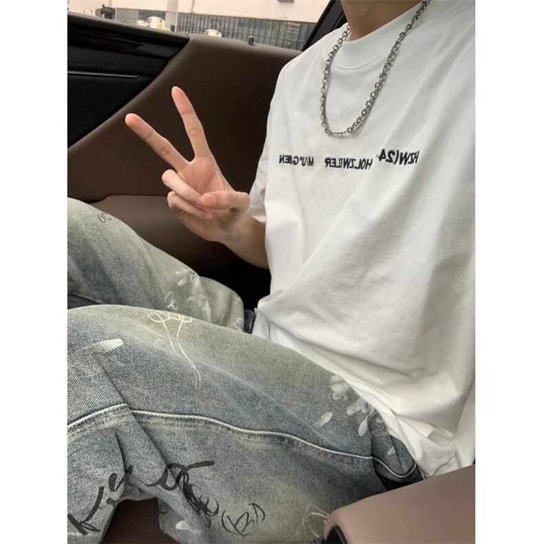 水洗破洞牛仔裤印花标题加大码直筒裤宽松拖地裤长裤男NG08,男装牛仔裤,星座1116A（原606A-3）