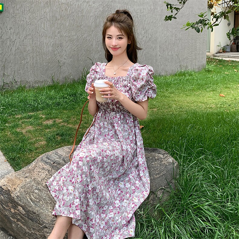 紫色复古碎花小众连衣裙女2023新款夏季v领娃娃领设计感中长裙子,女装连衣裙,浙宝192（原082）