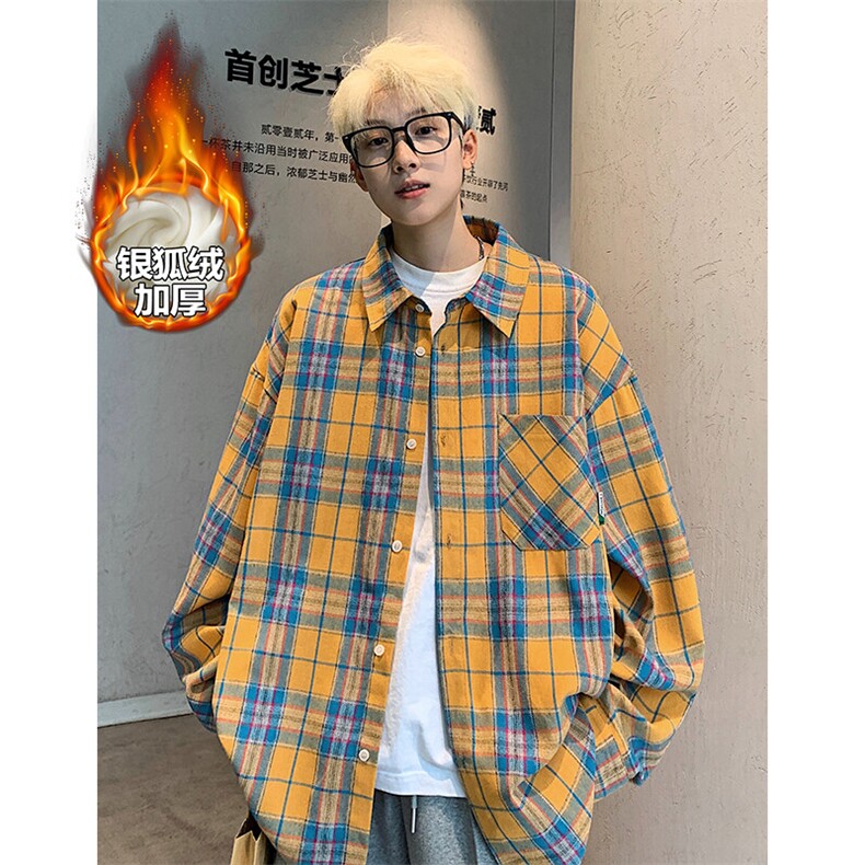 薄款改加绒特批P40无差价冬银狐绒加厚宽松格子衬衫男C2501J加绒,男装衬衫,电商A001-1