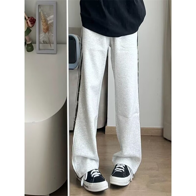 J11-P36白灰色条纹三条杆运动裤女2025春季新款高腰垂感直筒裤,女装休闲裤,电商B323A