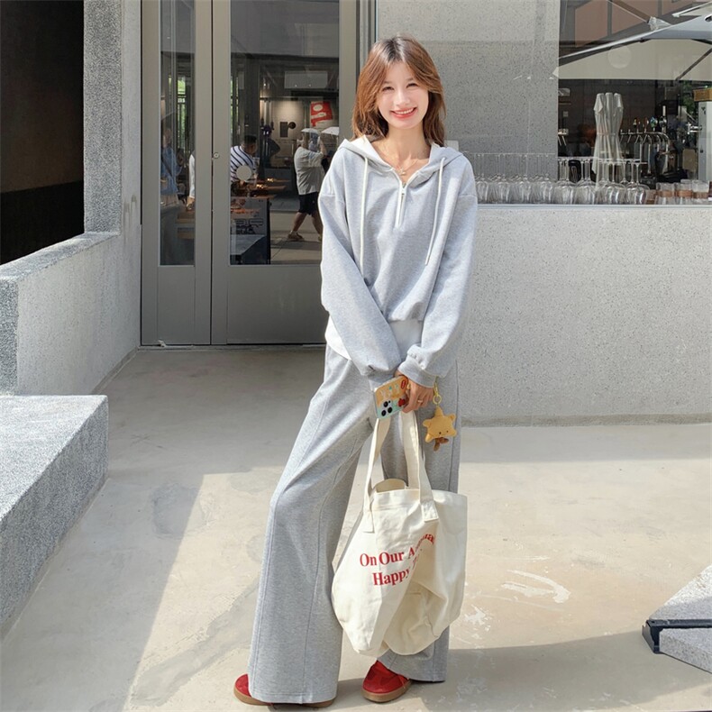 灰色运动套装女2025秋季新款撞色拼接减龄连帽卫衣长裤休闲两件套,女装套装/套裙,2D076