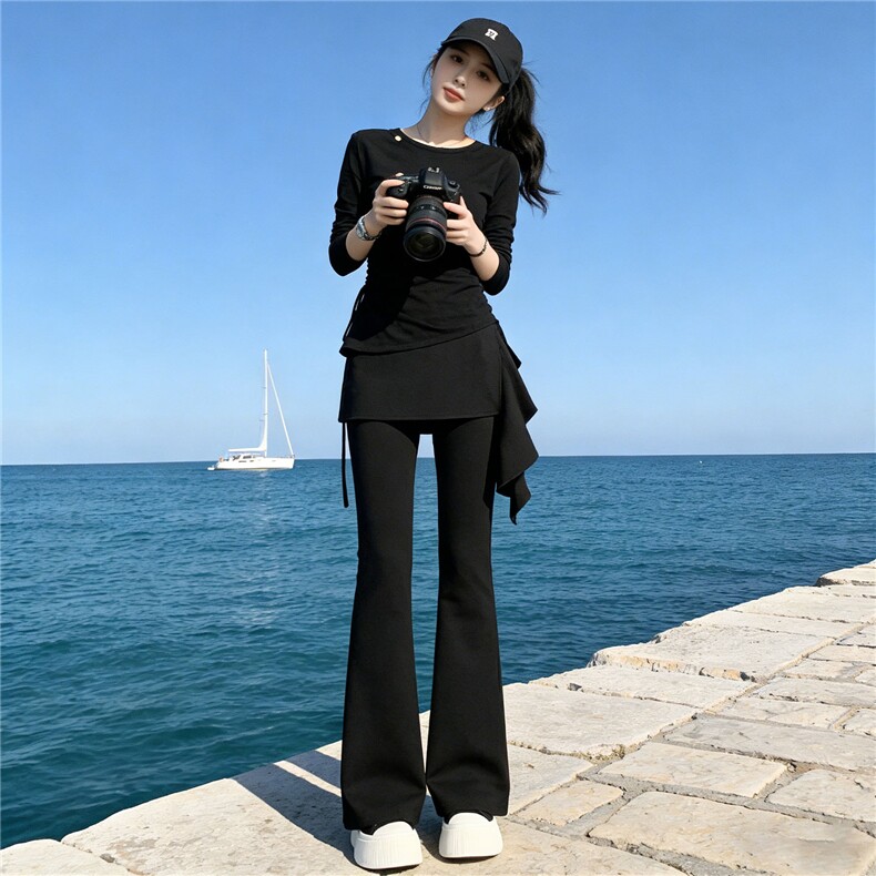 设计感时尚套装女春季新款收腰显瘦圆领长袖假两件修身长裤两件套,女装套装/套裙,江南
