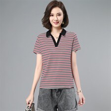 刺绣polo衫短袖t恤女士夏季2026年新款大码宽松翻领条纹半袖上衣，女装T恤，板酷