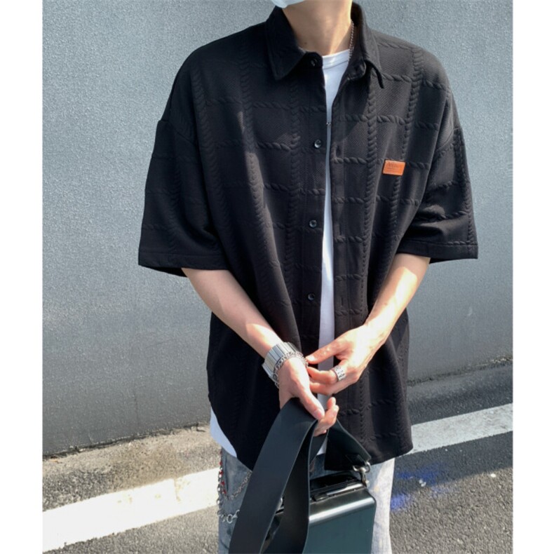 2026夏短袖格子衬衫大码男纹理提花衬衣薄外套CS580/特P35黑色,男装衬衫,电商A094