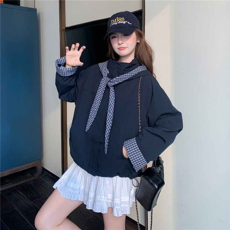 休闲减龄藏蓝色工装外套女春秋2025新款超火好看高级小众夹克上衣,女装短外套,2C268