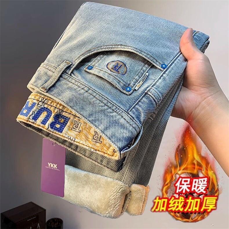 网图2025新款加绒牛仔裤男士复古做旧刺绣小直筒裤子,男装牛仔裤,星座410-7