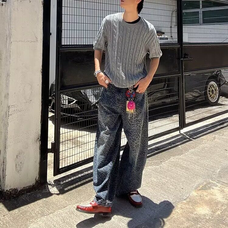 美式复古设计感豹纹阔腿牛仔裤男2025新款宽松显瘦拖地直筒裤,男装牛仔裤,星座410-6（原星座1304-1）