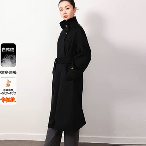黑色羽绒内胆毛呢外套女长款2025冬季新款时尚加厚赫本风呢子大衣图片