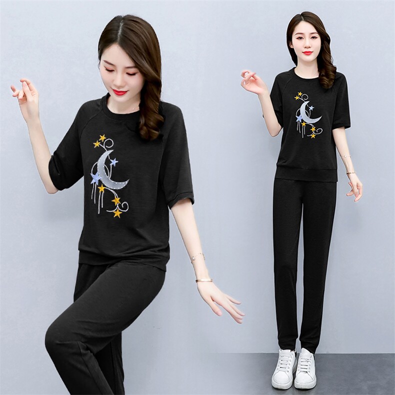 宽松运动服时尚两件套女休闲透气简约年短袖夏季套装减龄大码,女装套装/套裙,梦依杭