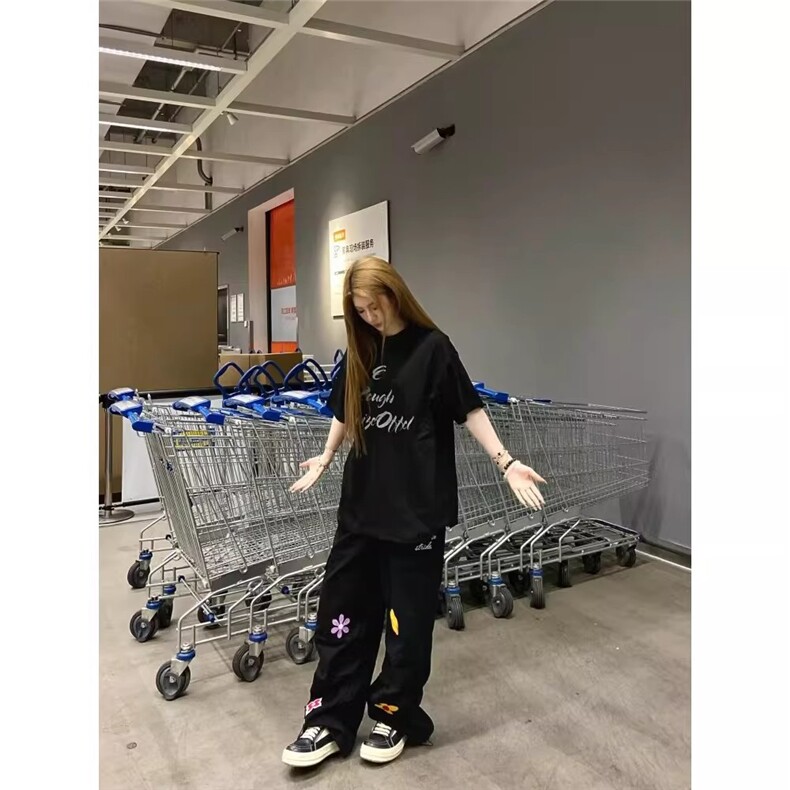 美式花朵刺绣休闲裤男款秋潮牌口袋工装裤子复古设计感伞兵长裤,男装工装外套,四季星座505
