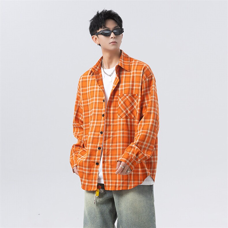 橙色格纹休闲外套长袖衬衫男 cp137-特p45图片