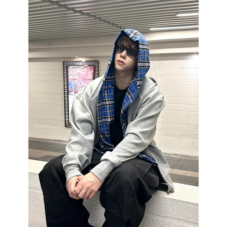 【有货】假两件格子拼接卫衣男款设计感连帽开衫外套JL97CC-特P68,女装短外套,星座1007（原301D）